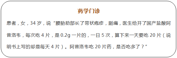 圆角矩形: 药学门诊
患者，女，34岁，说“腰胁肋部长了带状疱疹，剧痛，医生给开了国产盐酸阿昔洛韦，每次吃4片，是0.2g一片的，一日5次，算下来一天要吃20片（说明书上写的却是每天4片）。阿昔洛韦吃20片药，是否吃多了？”
