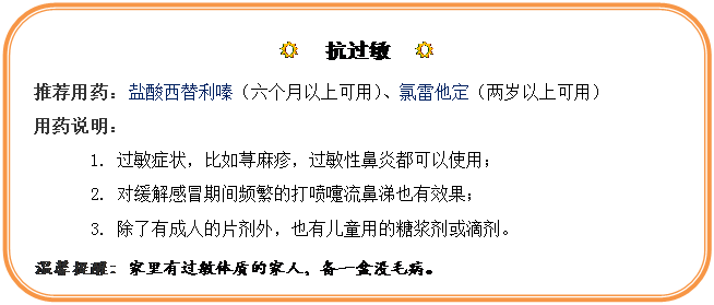 圆角矩形: R  抗过敏  R
推荐用药：盐酸西替利嗪（六个月以上可用）、氯雷他定（两岁以上可用）
用药说明：
1.	过敏症状，比如荨麻疹，过敏性鼻炎都可以使用；
2.	对缓解感冒期间频繁的打喷嚏流鼻涕也有效果；
3.	除了有成人的片剂外，也有儿童用的糖浆剂或滴剂。
温馨提醒：家里有过敏体质的家人，备一盒没毛病。
