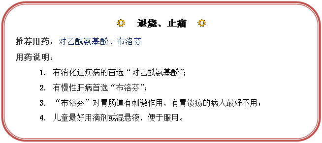 圆角矩形: R  退烧、止痛  R
推荐用药：对乙酰氨基酚、布洛芬
用药说明：
1.	有消化道疾病的首选“对乙酰氨基酚”；
2.	有慢性肝病首选“布洛芬”；
3.	“布洛芬”对胃肠道有刺激作用，有胃溃疡的病人最好不用；
4.	儿童最好用滴剂或混悬液，便于服用。
