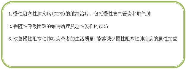 圆角矩形: 1.	1.慢性阻塞性肺疾病(COPD)的维持治疗，包括慢性支气管炎和肺气肿
2.	2.伴随性呼吸困难的维持治疗及急性发作的预防
3.	3.改善慢性阻塞性肺疾病患者的生活质量，能够减少慢性阻塞性肺疾病的急性加重
